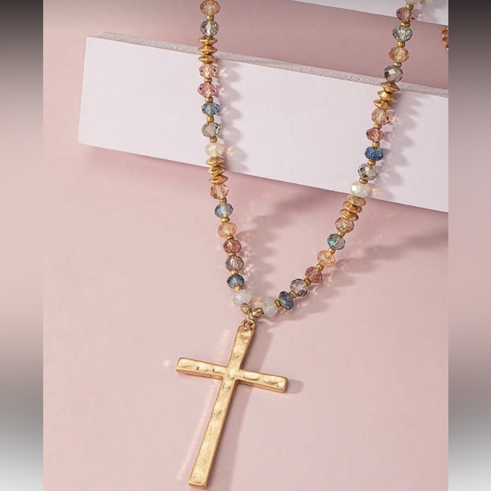 New Glass Beaded Multi Color Cross Pendant Gold Tone
